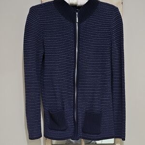 Navy Textured Zip Cardigan - Classic Knit Karen Scott Size Petite Small